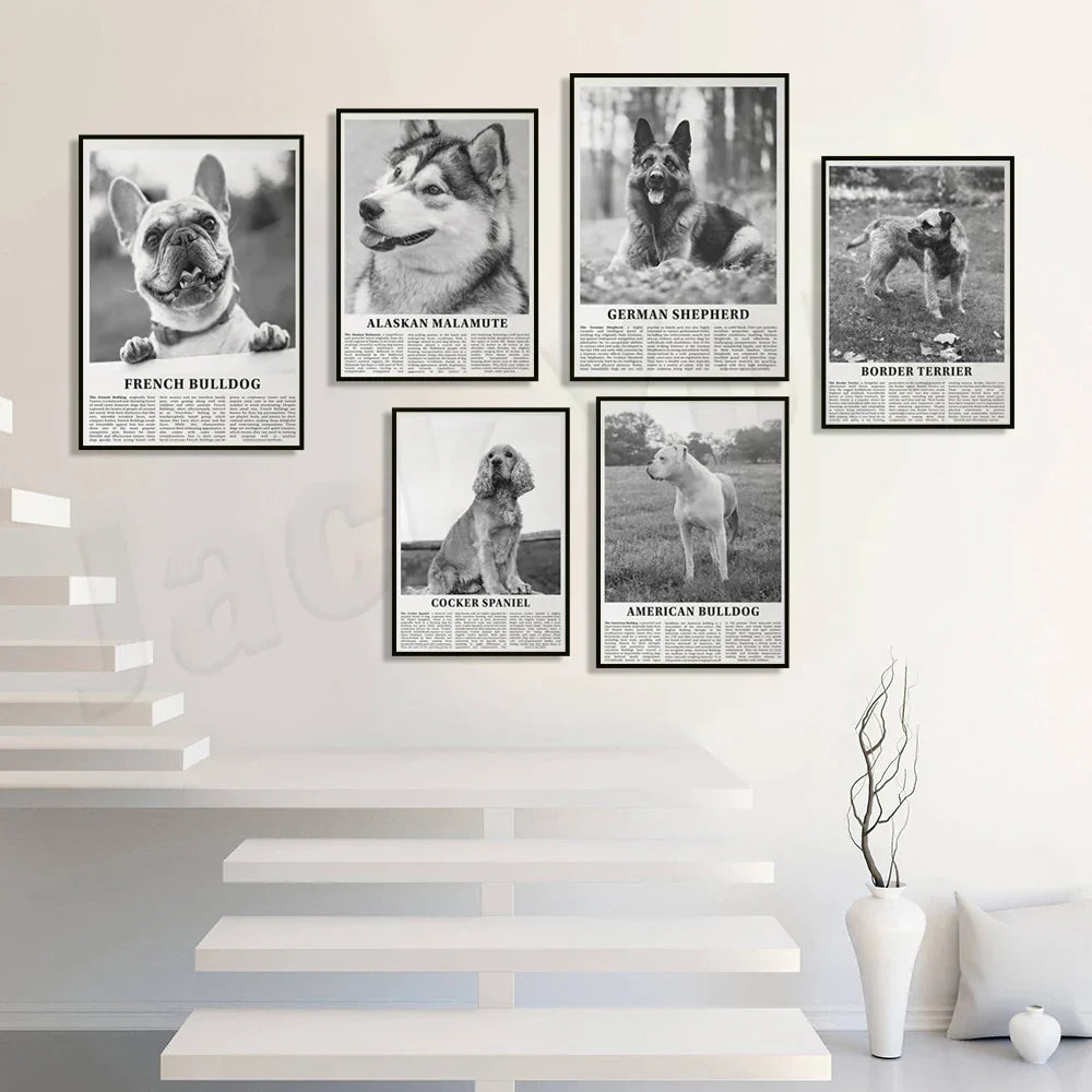 Decorbites™ Poster mit Schwarz- und Weiß-Hunderassen: Windhund, Cocker Spaniel, Akita, Malamute, Vieh-Hund