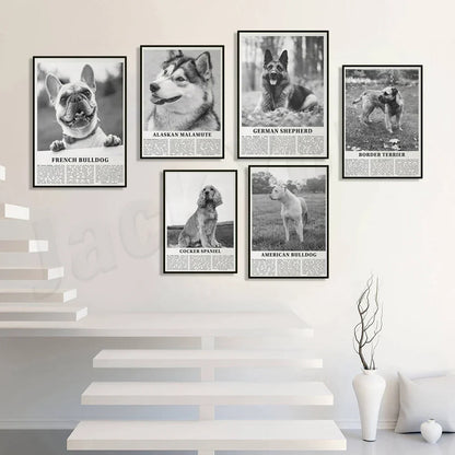 Decorbites™ Poster mit Schwarz- und Weiß-Hunderassen: Windhund, Cocker Spaniel, Akita, Malamute, Vieh-Hund