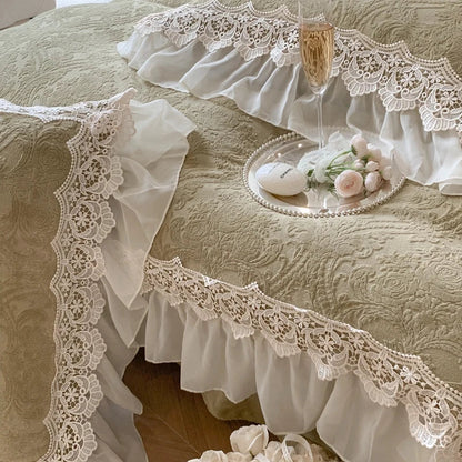 DecorBites™ French Lace Ruffles Velvet Bedding Set, Furry Duvet, Sheet, Pillowcases