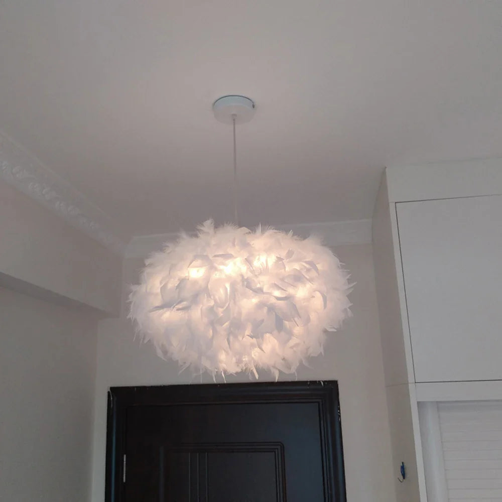 White Feather Pendant Light With Metal Frame