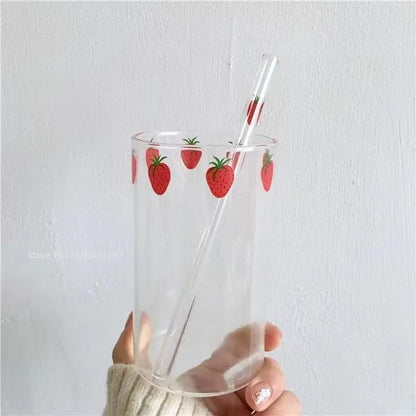 DecorBites™ Kawaii Strawberry Glasses Cup with Straws - Cute Clear Juice Mug