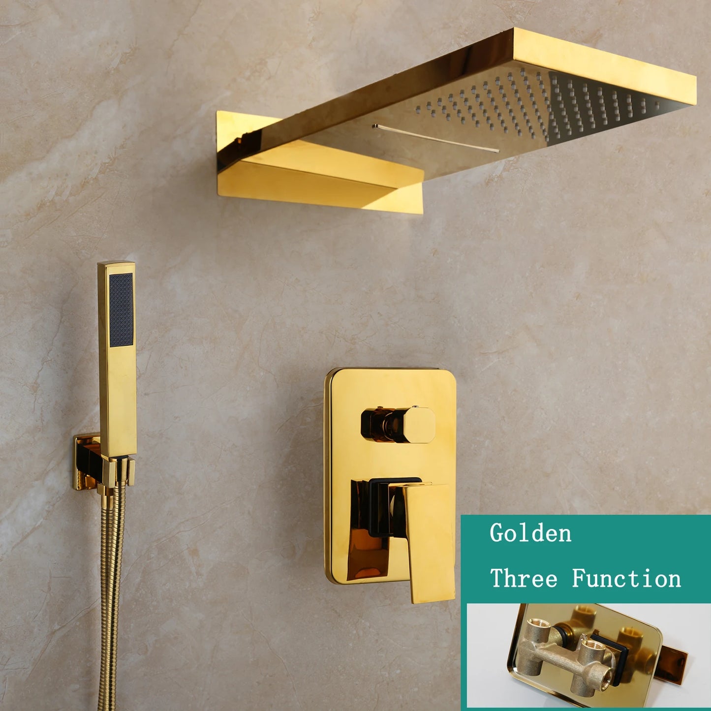KEMAIDI Golden Black Bathroom Shower Systerm with Hand Spray 3 Functions Shower Faucet Set  Big Rainfall Waterfall Shower Head
