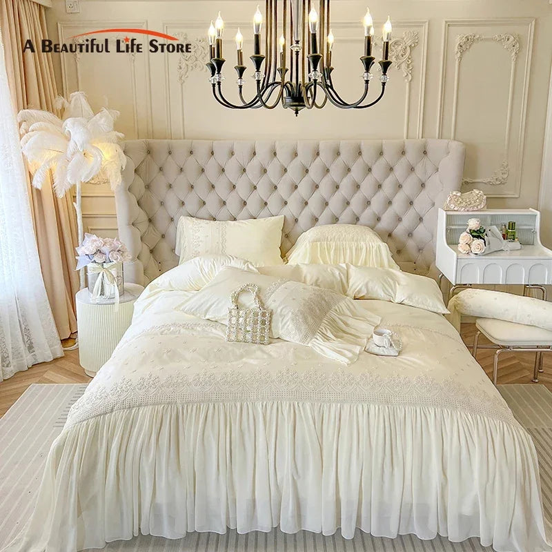 Decorbites™ Französische Vintage-Spitzen-Volants Beige Baumwoll-Prinzessinnen-Hochzeits-Bettwäsche-Set