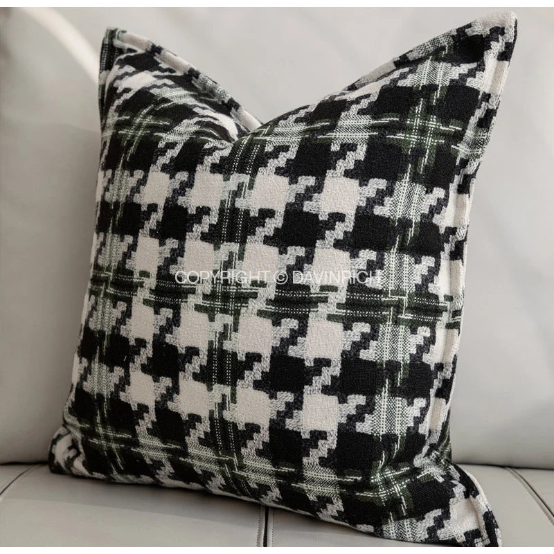 Decorbites™ Hahnentritt-Muster Quadratische Kissenbezug - Schwarz Weiß Grün Luxuriöser Zeitgenössischer Kissenhülle
