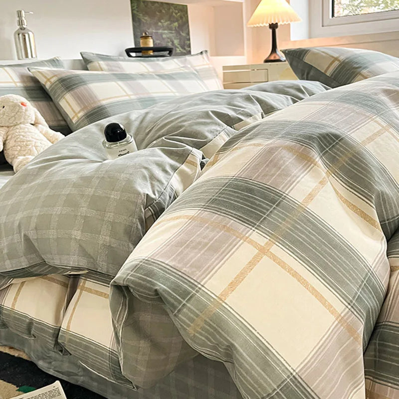DecorBites™ Grid Print Cotton Bedding Set for Single Double Beds