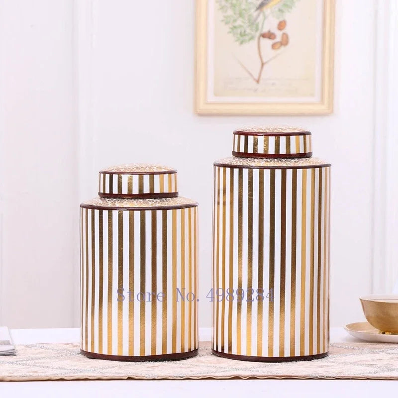 Decorbites™ Goldener Streifen-Keramikvase mit Deckel, moderne Aufbewahrungsglocke für die Hausdekoration