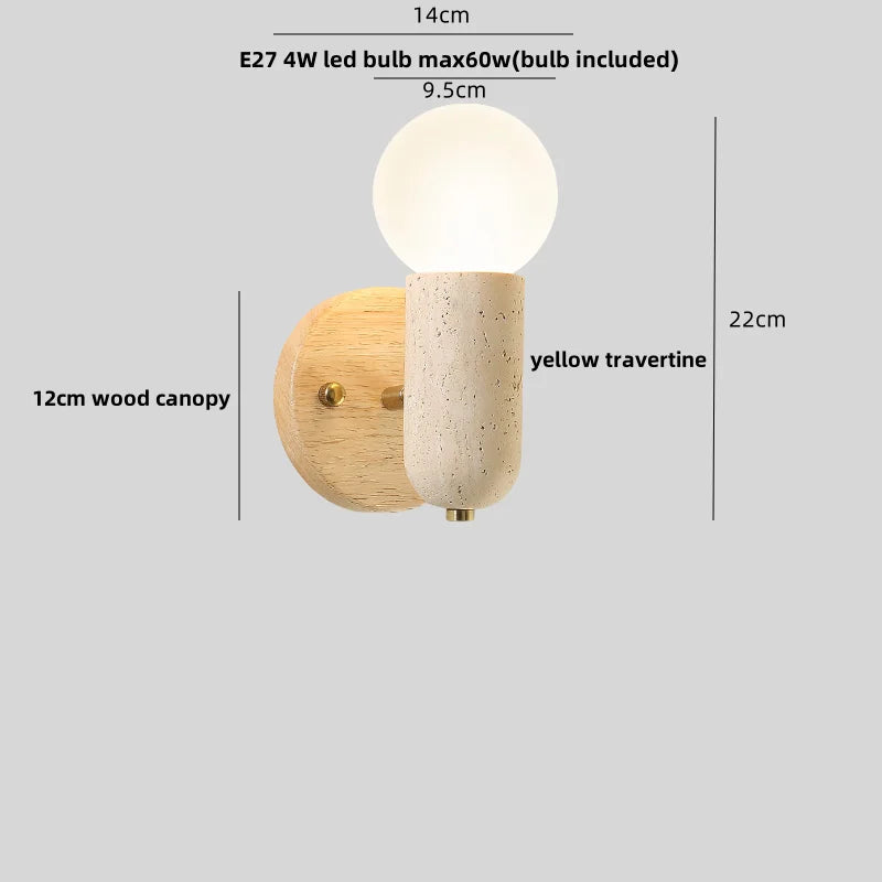 DecorBites™ LED Wall Light Fixture Travertine Stone Wood Canopy Bedside Lamp