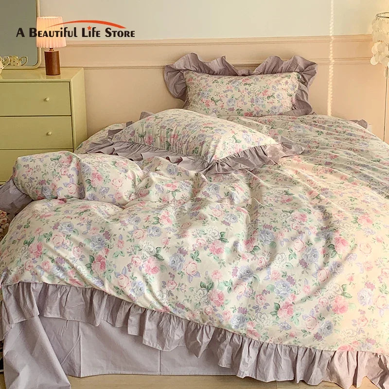 Decorbites™ Französisches Blumen-Motiv Baumwoll-Bettwäsche-Set mit großen Spitzenvolants, Frische Blumen