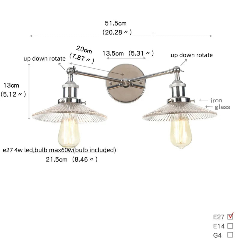 DecorBites™ Industrial LED Wall Light Fixture with Pull Chain Switch, 2 Heads Bedside Lamp