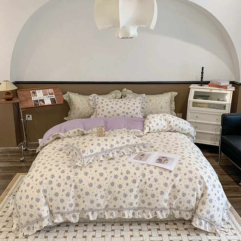 Decorbites™ Französisches Blumenbettwäsche-Set, 100% Baumwolle, Rüschen, Daunendeckelbezug, Bettlaken, Kissenbezüge