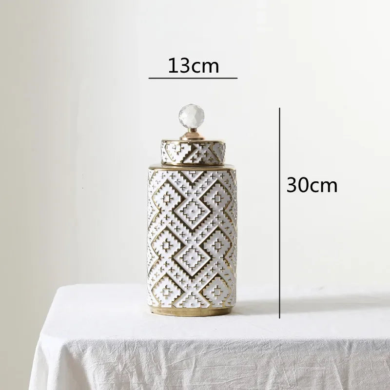 DecorBites™ Geometric Golden Relief Decorative Jar - Ceramic Crystal Vase Storage Jar
