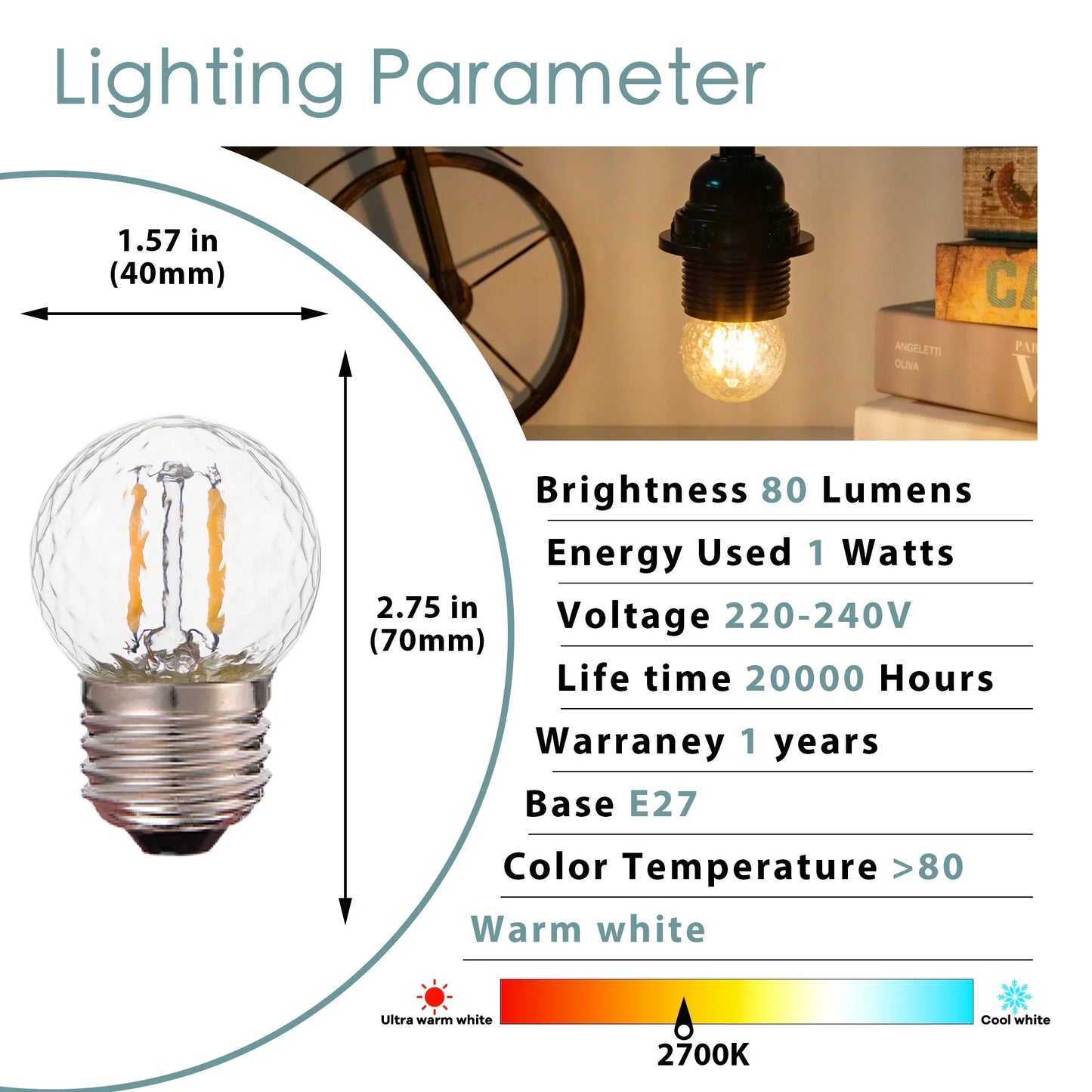 Decorbites™ G40 Globus-LED-Filament-Birnen dimmbar Vintage warmweiß E27 dekorativ Mini 1W