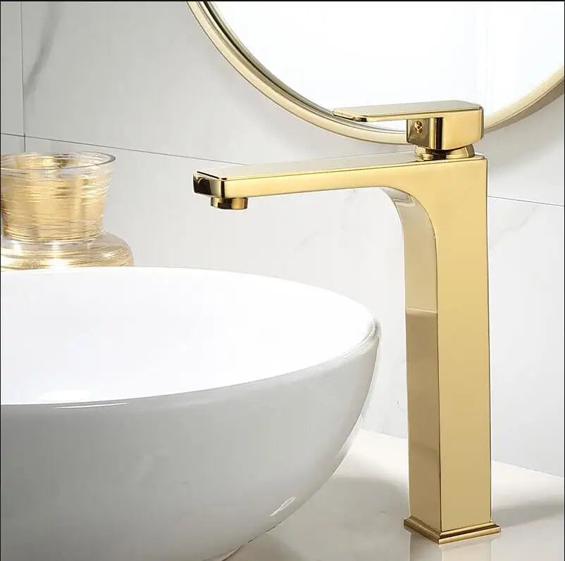 Gold Brass Basin Faucet Tall With Overflow