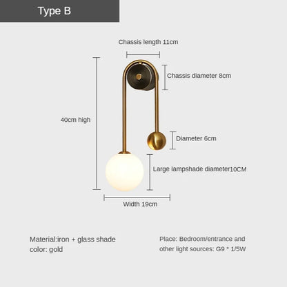Decorbites™ Glas-Kugelleuchte LED-Wandlampe: Moderne runde goldene Eisenleuchte für Schlafzimmer, Wohnzimmer