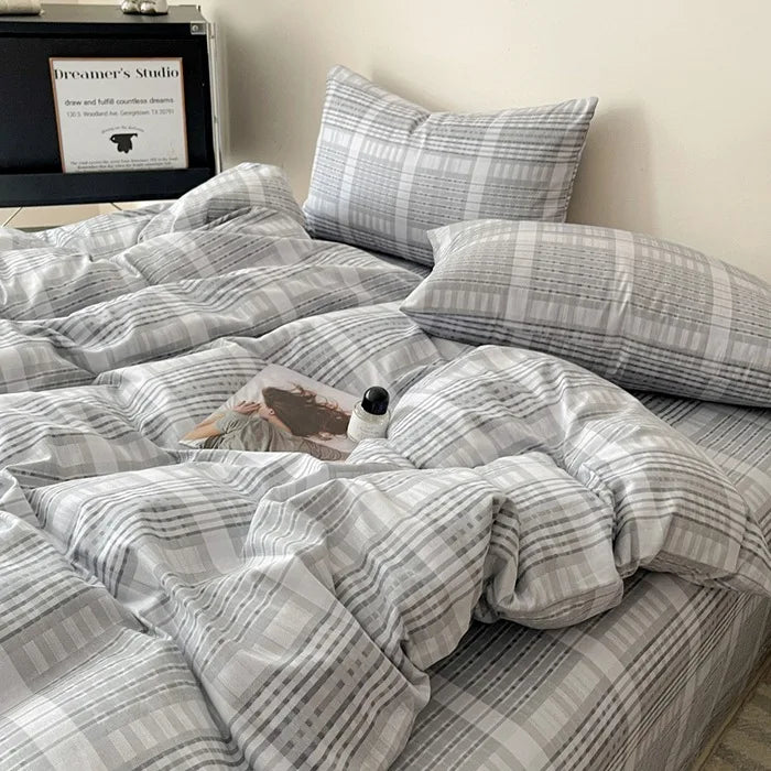 DecorBites™ Cotton Grid Bedding Set - Soft & Stylish Bed Sheet, Quilt Cover Kit