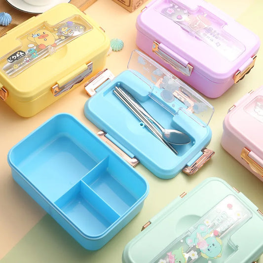 Decorbites™ Kinder-Cartoon-Bento-Lunchbox mit Gabel und Löffel, beheizte 3-Fach-Sandwich-Snack-Box