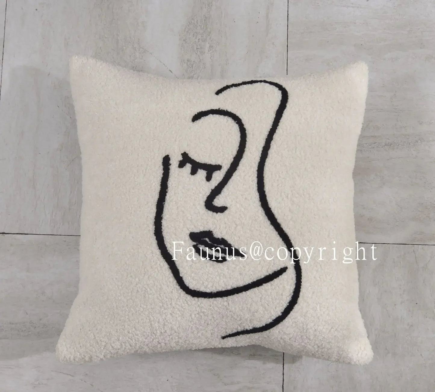 DecorBites™ Lambswool Face Embroidered Cushion Cover 45x45 - Beige White Abstract Art Pillowcase