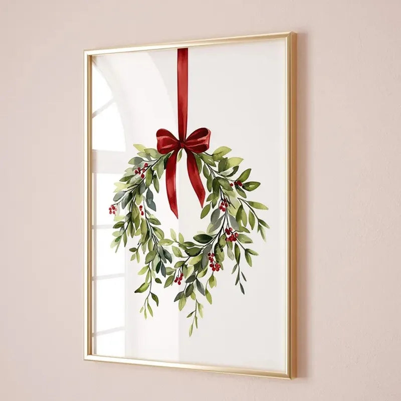 Christmas Wreath Print, Christmas Bow Print Red Bow Holiday Decor Xmas Poster Red Christmas Bow Wall Art Prints