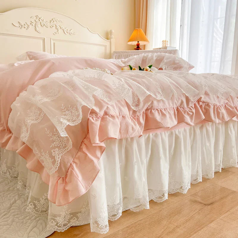 Decorbites™ Französische Prinzessin-Spitzen-Volants-Bettwäsche-Set, 100% Baumwolle, Pink Romantisches Thema