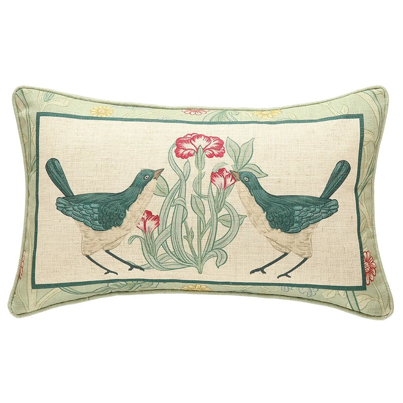 Decorbites™ Französisches Leinen Flachs Lendenkissenbezug Blumen Vögel Druck, Feengrün