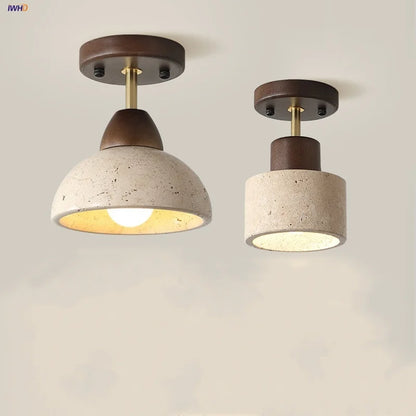Decorbites™ Japan-Stil LED-Deckenleuchte Gelber Travertin-Stein Holz-Basis Schlafzimmer-Leuchte.