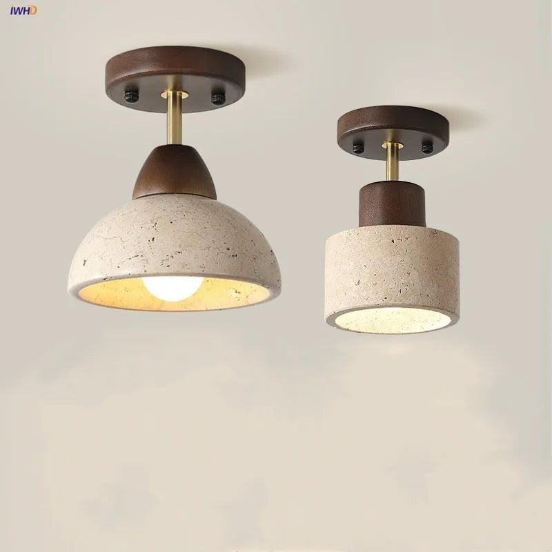 Decorbites™ Japan-Stil LED-Deckenleuchte Gelber Travertin-Stein Holz-Basis Schlafzimmer-Leuchte.