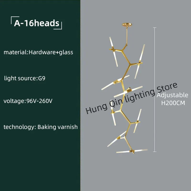 Gold Branch LED Chandelier For Staircase