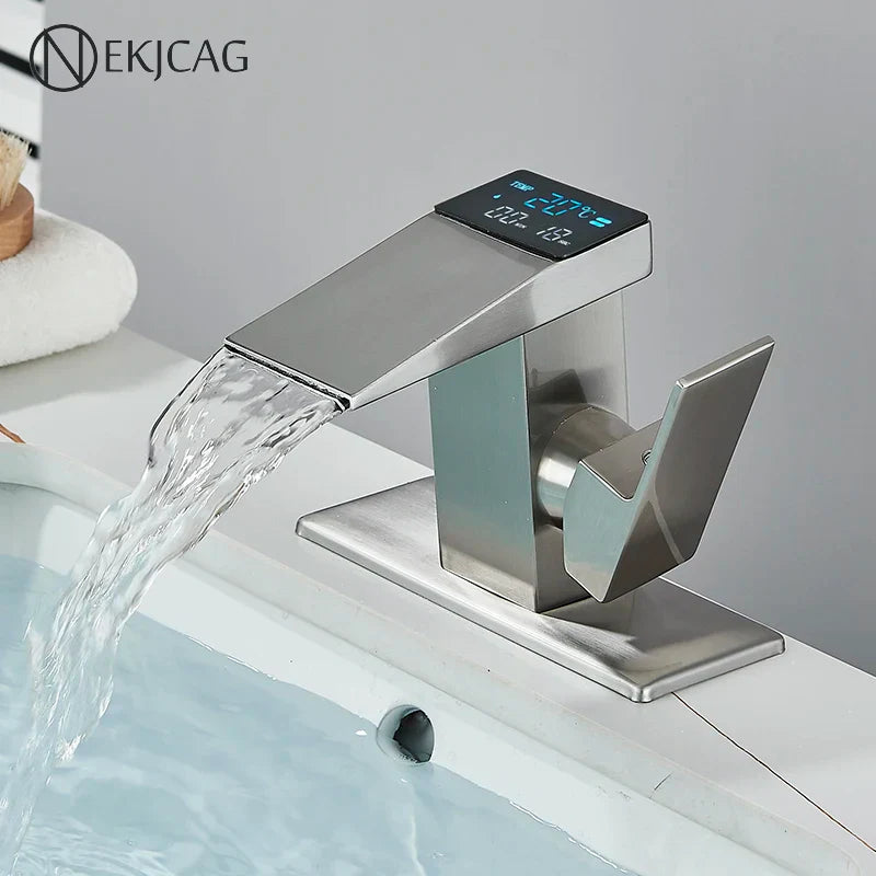 DecorBites™ LED Waterfall Basin Faucet Hot Cold Mixer Tap for Bathroom Deck Installation