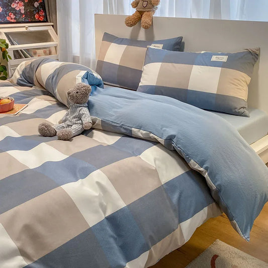 DecorBites™ Cozy Plaid Duvet Cover | Simple Nordic Comforter Cover | Non-Fading Washed Cotton Bedding