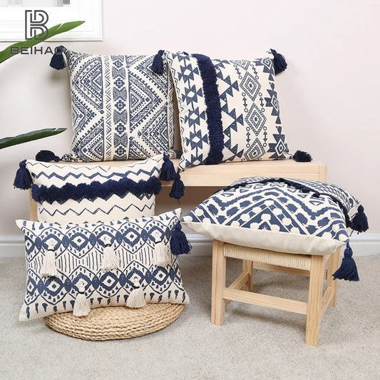 Decorbites™ ethnisch-geometrisch bedruckter, mit Troddeln besetzter Kissenbezug für Sofa und Wohnzimmer