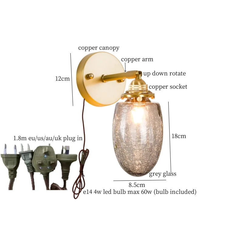 Decorbites™ Graue Glas LED Wandlampe Schlafzimmer Wohnzimmer Loft Modern Kupfer Wandlampe
