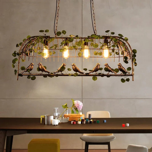 DecorBites™ Iron Bird Cage Chandelier with Green Leaf Decoration and LED Lamps
