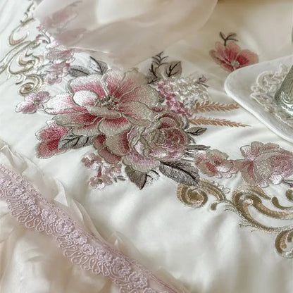 DecorBites™ Elegant Flowers Embroidery Lace Princess Wedding Bedding Set - 1200TC Cotton Duvet Cover