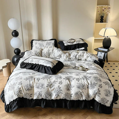 Decorbites™ Französisches Vintage Schwarz Rüschen Bettbezugsset mit Kissenbezügen, Nordisches Luxus Blumen Pflanzen Bettwäsche-Set