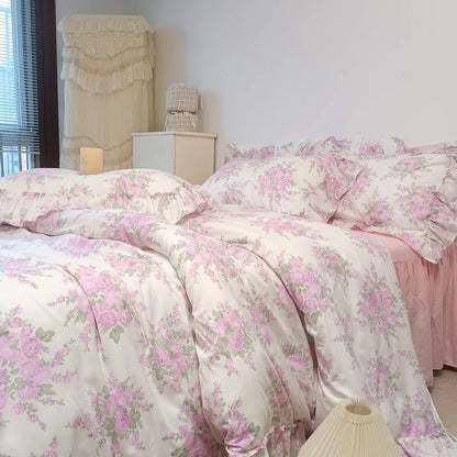 DecorBites™ French Rose Flowers Print Lace Ruffles Cotton Bedding Set - Duvet, Bed Skirt, Sheets & Pillowcases