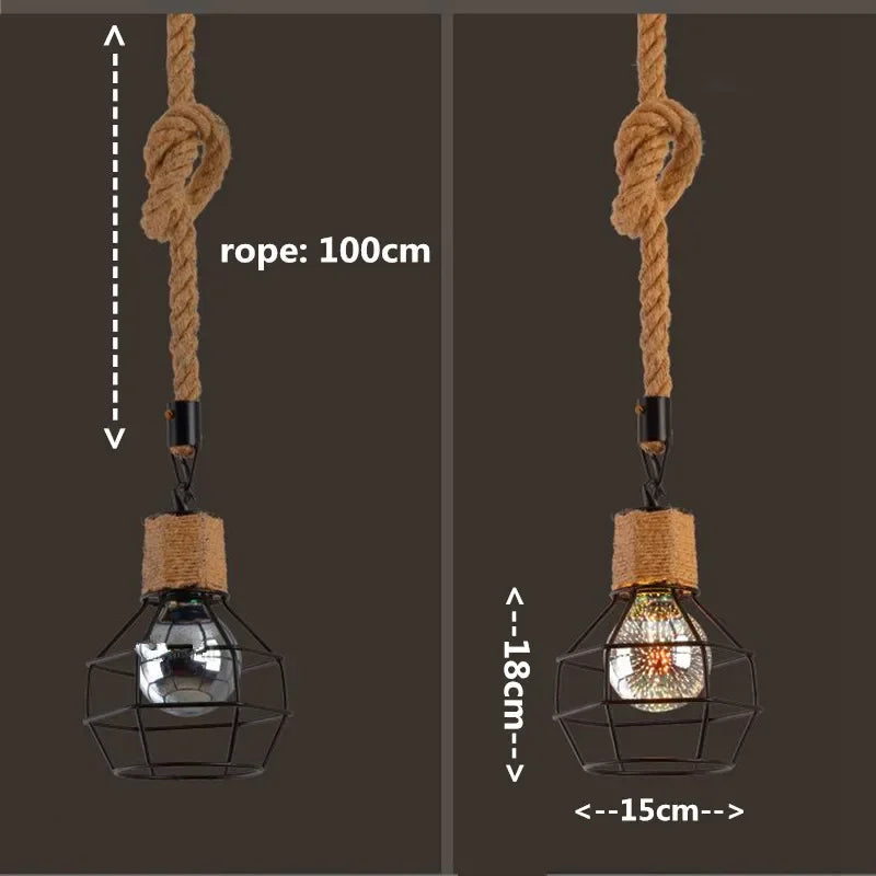 Vintage Hemp Rope Iron Pendant Light in Black