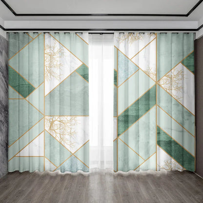 DecorBites™ Green Marble Rod Pocket Curtains for Home Decoration