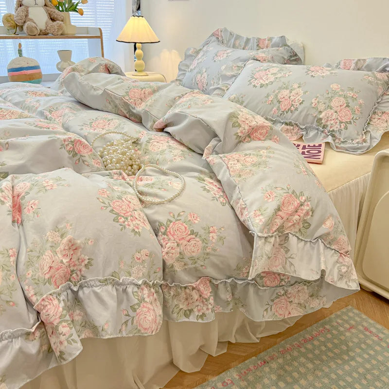 Decorbites™ Koreanische Prinzessin Blumenmuster-Bettwäsche-Set aus gewaschener Baumwolle für Mädchen