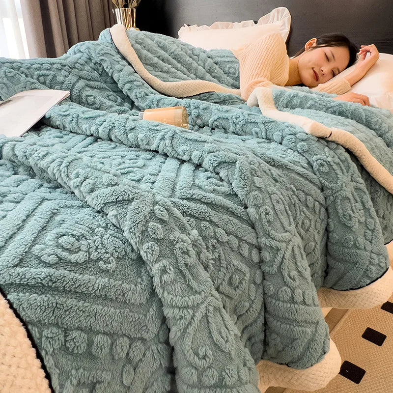DecorBites™ Double-Layer Coral Fleece Blanket: Super Soft Queen King Quilt for Winter