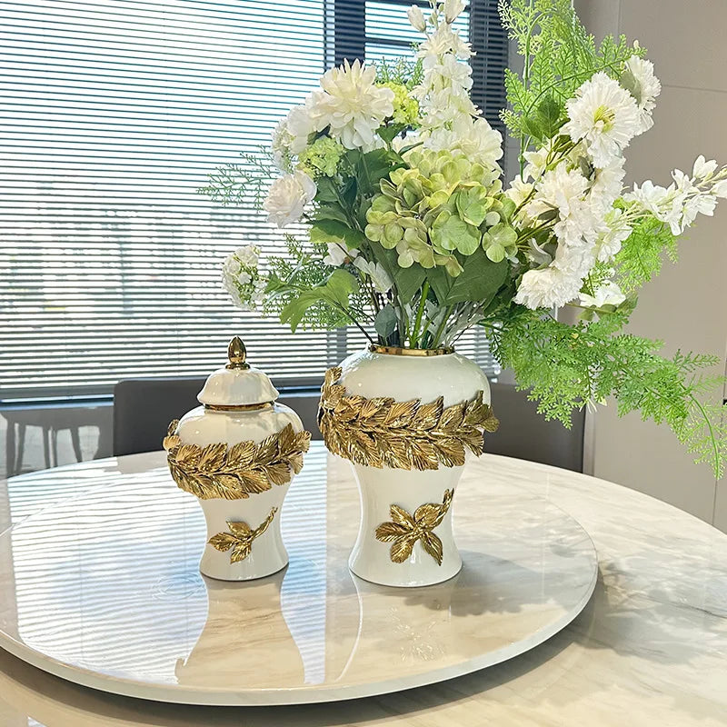 Decorbites™ Goldene Blätter Keramik Blumentopf mit handgeprägten Blumen für Blumenarrangements