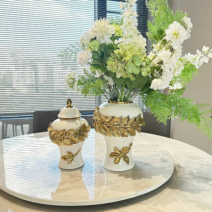 Decorbites™ Goldene Blätter Keramik Blumentopf mit handgeprägten Blumen für Blumenarrangements