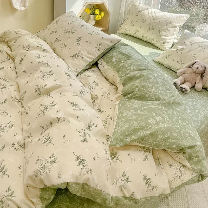 DecorBites™ Double-Sided Floral Print Cotton Bedding Set - Queen Size Soft Duvet Cover Set