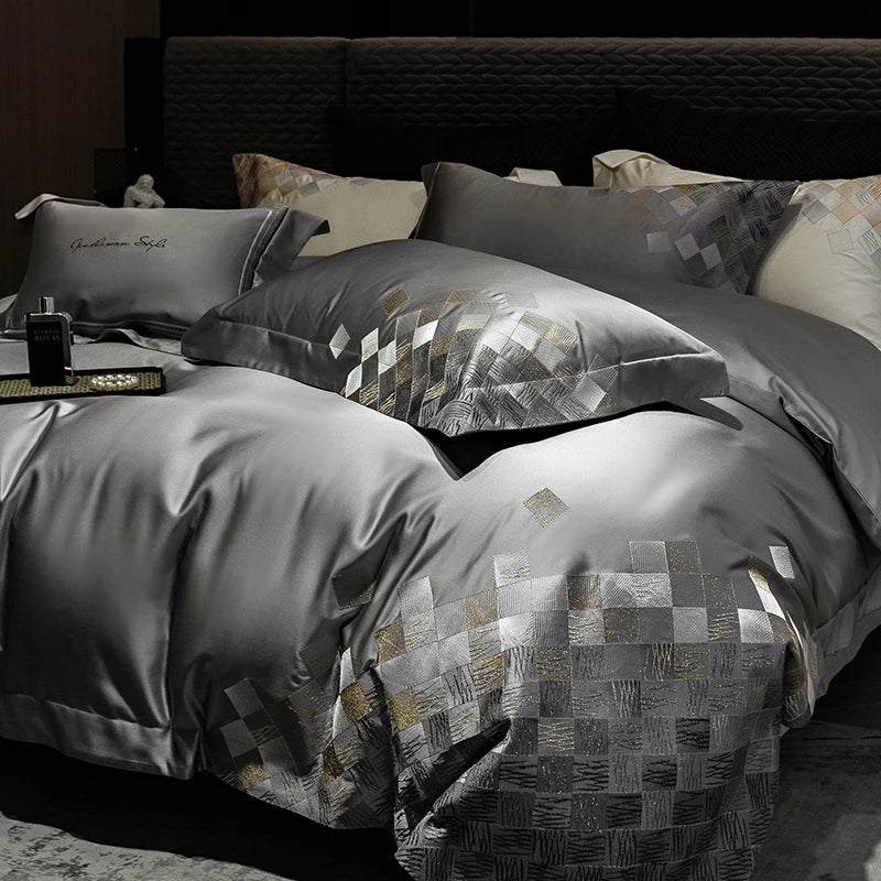 Decorbites™ 4-teiliges Luxus-Stickerei-Bettwäsche-Set in Perlmuttweiß/Grau Satin-Brokat-Baumwolle