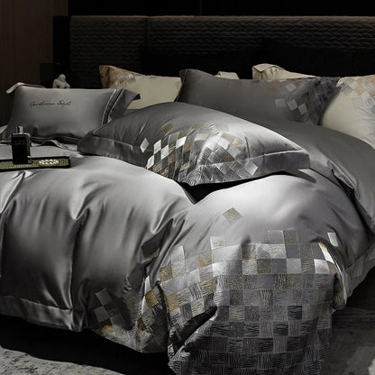 Decorbites™ 4-teiliges Luxus-Stickerei-Bettwäsche-Set in Perlmuttweiß/Grau Satin-Brokat-Baumwolle