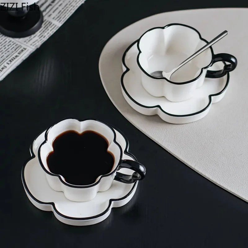Decorbites™ Black Edged Flower Mug Set - Keramik-Tasse & Untertasse für Tee, Kaffee und Saft