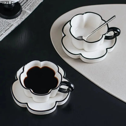 Decorbites™ Black Edged Flower Mug Set - Keramik-Tasse & Untertasse für Tee, Kaffee und Saft