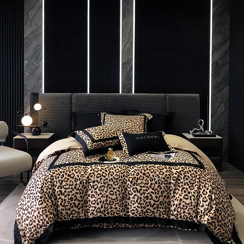 Decorbites™ Leopard-Muster Lyocell-Baumwoll-Bettwäsche-Set, Luxus-Daunenbezug, Laken & Kissenbezüge