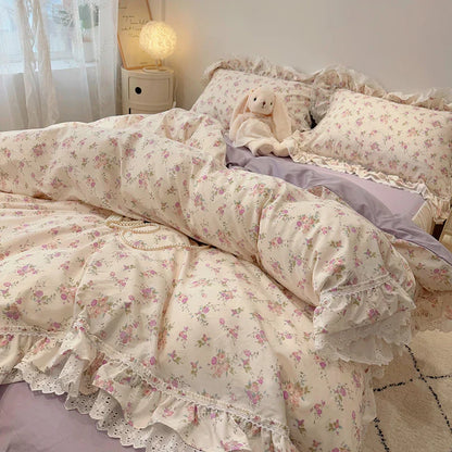 Decorbites™ Koreanische Prinzessin-Stil Blumen-Spitzen-Volants-Bettwäsche-Set mit Kissenbezug