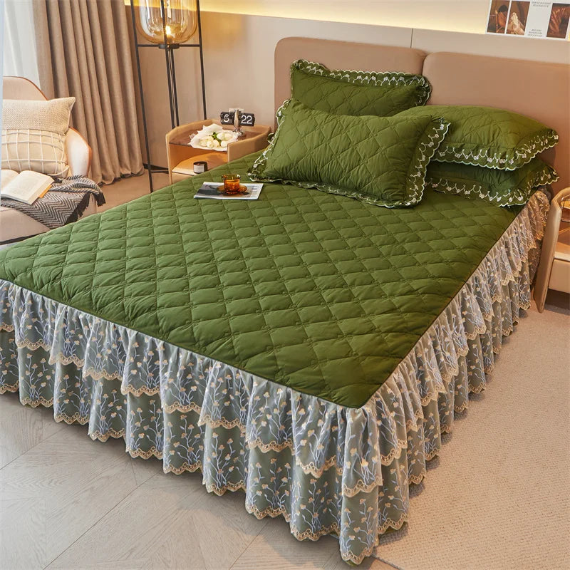DecorBites™ Cotton Lace Ruffles Quilted Bed Skirt Set with Pillowcases
