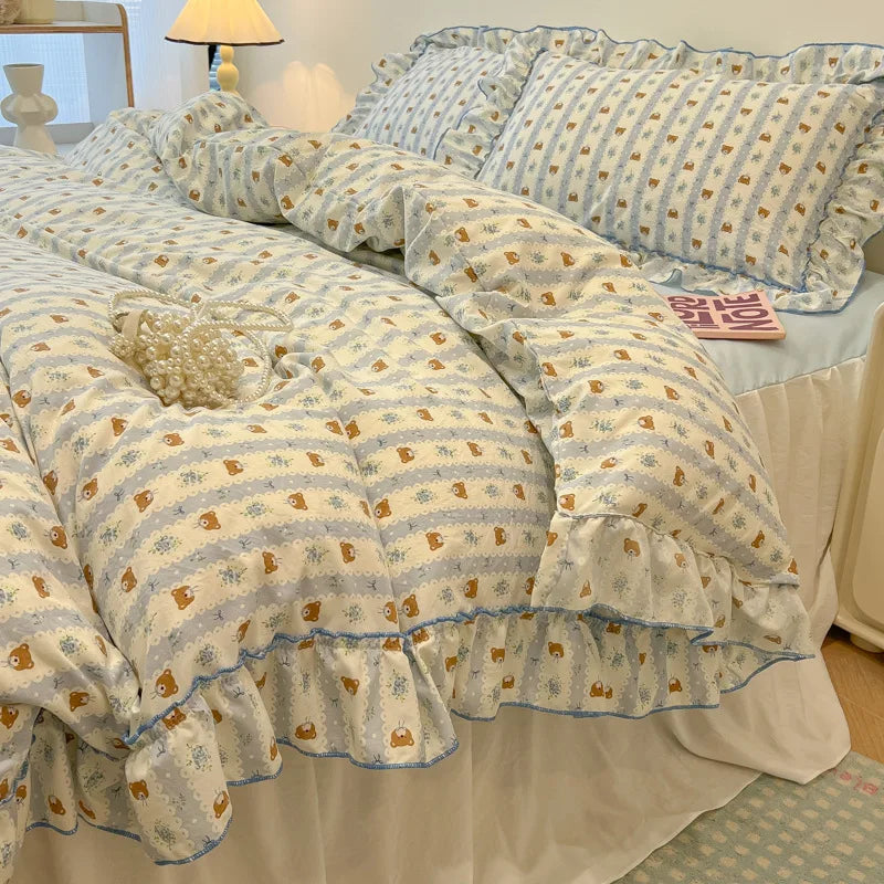 Decorbites™ Koreanische Prinzessin Blumenmuster-Bettwäsche-Set aus gewaschener Baumwolle für Mädchen